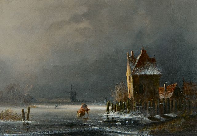 Hellenberg Hubar J.M.A. van | Winterlandschaft mit nahendem Schneesturm, Öl auf Holz 14,9 x 21,3 cm