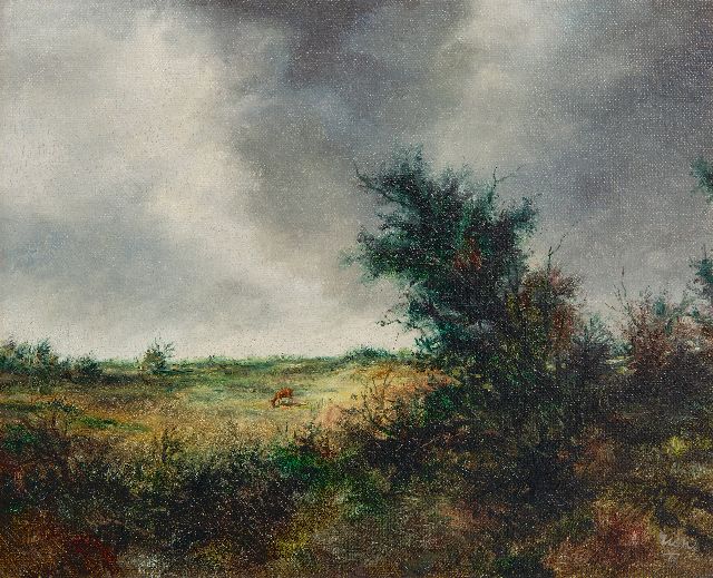 Rien Poortvliet | Landschap met grazend reetje, olieverf op doek, 24,6 x 30,2 cm, gesigneerd r.o.