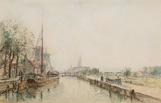 Johan Barthold Jongkind | Vaart bij Hollands dorp, inkt en aquarel op papier, 20,0 x 30,0 cm, gesigneerd r.o.