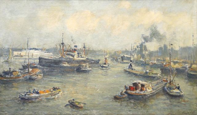 Evert Moll | Bedrijvigheid in de Rotterdamse haven, olieverf op doek, 60,1 x 100,4 cm, gesigneerd r.o.