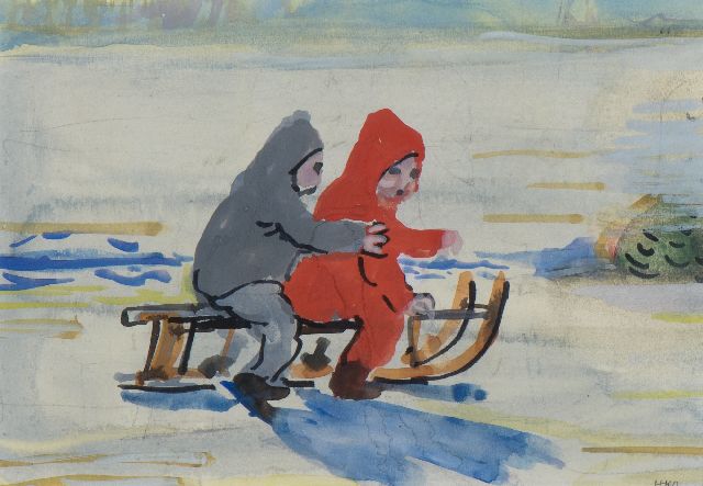 Harm Kamerlingh Onnes | Twee kinderen op een slee, aquarel en gouache op papier, 14,0 x 20,0 cm, gesigneerd r.o.