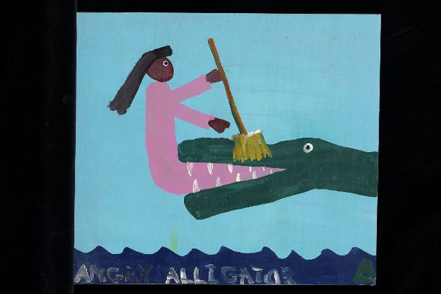 Tim Brown | Angry alligator, acryl op paneel, 38,0 x 42,0 cm, gesigneerd r.o. met initialen