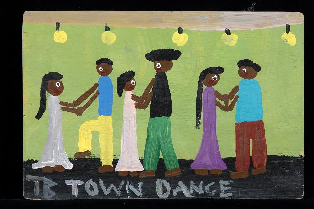 Tim Brown | Town dance, acryl op paneel, 24,0 x 36,0 cm, gesigneerd l.o. met initialen