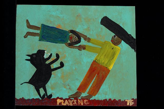 Tim Brown | Playing, acryl op paneel, 36,0 x 43,0 cm, gesigneerd r.o. met initialen