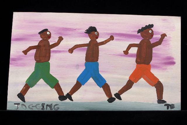 Tim Brown | Jogging, acryl op paneel, 34,0 x 61,0 cm, gesigneerd r.o. met initialen