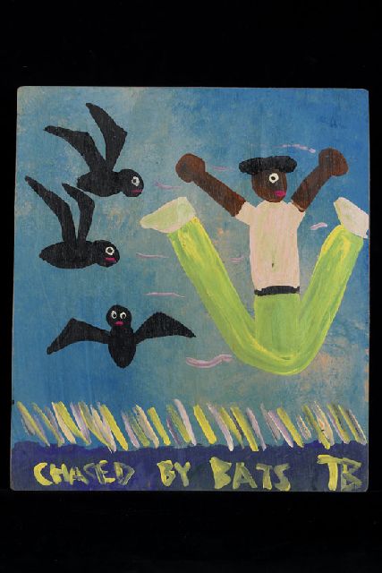 Brown T.  | Chased by bats, acryl op paneel 40,0 x 36,0 cm, gesigneerd r.o. met initialen