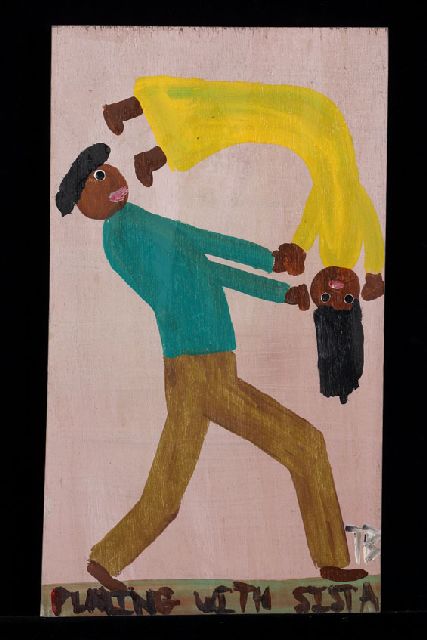 Brown T.  | Playing with sista, acryl op paneel 53,0 x 30,0 cm, gesigneerd r.o. met initialen