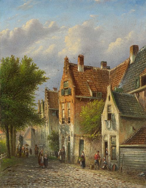 Johannes Franciscus Spohler | Bedrijvigheid in Hollands straatje, olieverf op doek, 45,4 x 35,6 cm, gesigneerd l.o. en zonder lijst
