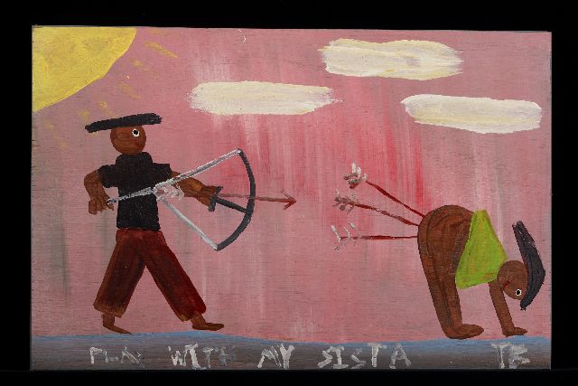 Tim Brown | Play with my sista, acryl op paneel, 37,0 x 56,0 cm, gesigneerd r.o. met initialen