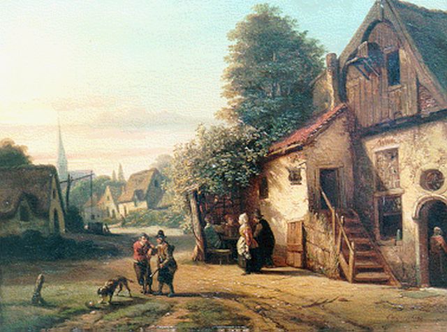 Henri Joseph Gommarus Carpentero | Bij de herberg, olieverf op paneel, 25,4 x 34,8 cm, gesigneerd r.o.