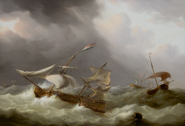 Martinus Schouman | Segelschiffe im Sturm, Öl auf Holz, 51,1 x 71,7 cm, Unterzeichnet u.l.
