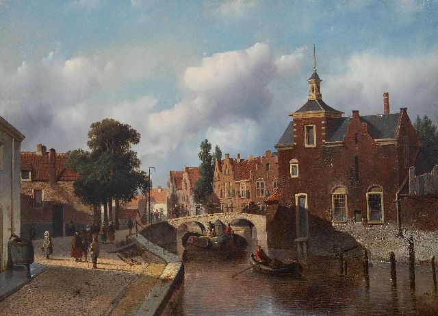 Adriaan Vrolijk | Holländischer Stadtkanal mit Schifffahrt und Figuren, Öl auf Holz, 38,6 x 52,4 cm, Unterzeichnet u.r.