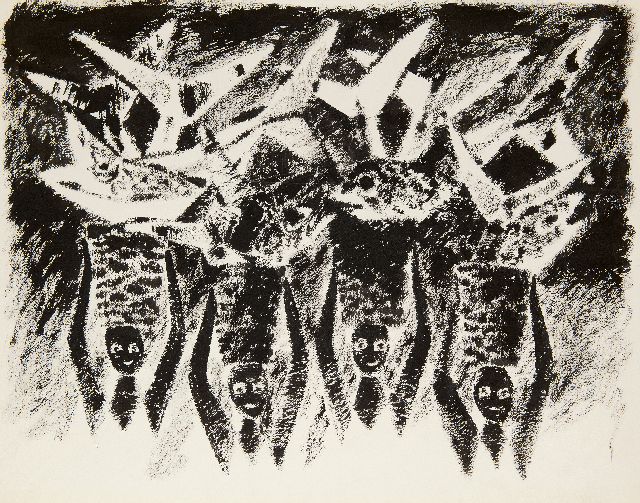 Frieda Hunziker | Köpfe, Körbe, Fische, Gouache auf Papier, 57,8 x 73,5 cm