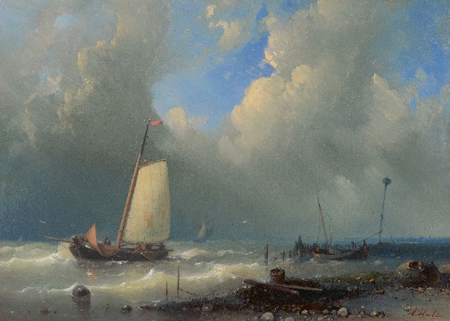 Abraham Hulk | Schiff vor dem Hafen bei schwerem Wetter, Öl auf Holz, 14,5 x 20,2 cm, Unterzeichnet u.r.
