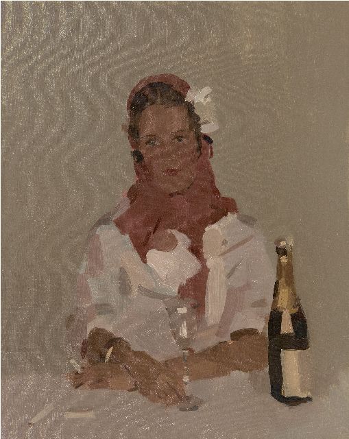 Frits Verdonk | Frau mit Zigarette und Champagnerflasche, Öl auf Leinwand, 50,2 x 40,1 cm