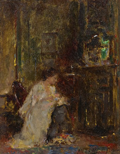 Albert Roelofs | Frau in einem Innenraum, Öl auf Holz, 17,8 x 13,8 cm, Unterzeichnet u.r. und datiert 1914