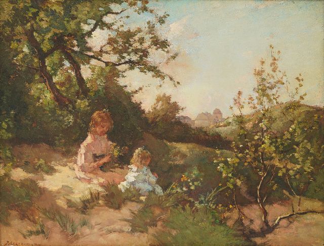 Johannes Evert Akkeringa | Kinder pflücken Blumen in den Dünen, Öl auf Holz, 31,9 x 39,4 cm, Unterzeichnet u.l.
