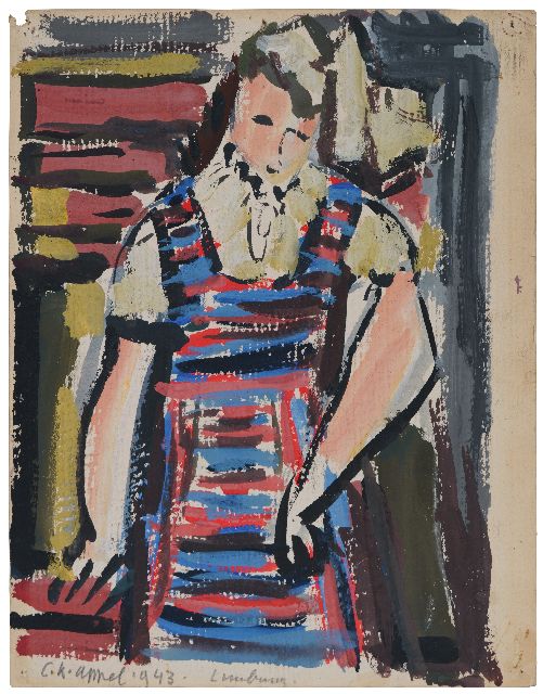Karel Appel | Jonge vrouw in gestreepte jurk, gouache op papier, 24,8 x 19,9 cm, gesigneerd l.o. en gedateerd 1943
