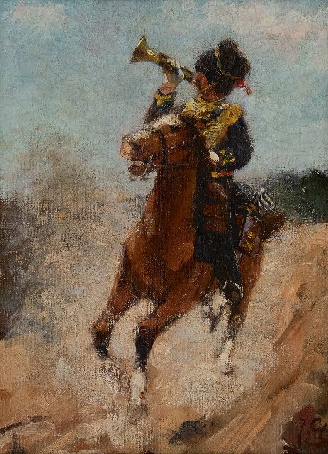 Jacob Hendrik Geerlings | Kavallerist mit Trompete, Öl auf Leinwand, 32,1 x 22,9 cm, Unterzeichnet u.r. mit Initialen