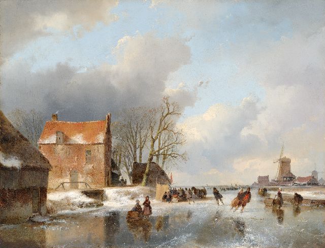 Andreas Schelfhout | Een bevroren rivier met schaatsers en een koek-en-zopietent, olieverf op paneel, 40,6 x 52,6 cm, gesigneerd l.o. en gedateerd '41