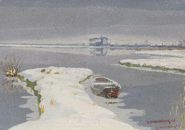 Dirk Smorenberg | Winters plasgezicht, in de verte het kerkje van Oud-Loosdrecht, olieverf op doek, 22,3 x 31,9 cm, gesigneerd r.o. (tweemaal) en gedateerd '23 (tweemaal)