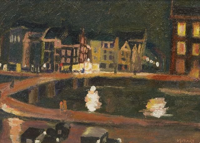 Kees Maks | The Rokin, Amsterdam, by night, Öl auf Holzfaser, 23,0 x 32,2 cm, signed l.r.