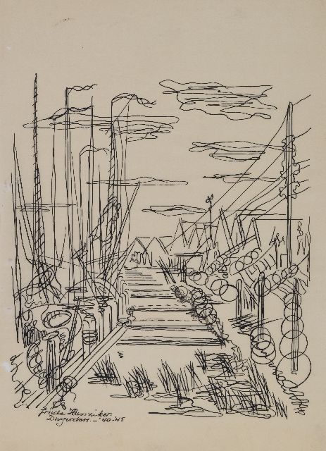 Frieda Hunziker | Huizen aan het water, Durgerdam, pen en inkt op vellum, 33,2 x 24,0 cm, gesigneerd l.o. en gedateerd '40-'45