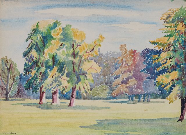 Frieda Hunziker | Landschapspark van kasteel Twickel, Delden, aquarel op papier, 32,7 x 44,9 cm, gesigneerd l.o. en gedateerd '44