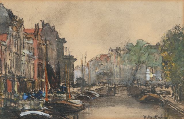 Floris Arntzenius | Gezicht op een grachtje, zwart krijt en aquarel op papier, 13,1 x 19,2 cm, gesigneerd r.o.