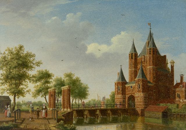 Isaac Ouwater | Gezicht op de Amsterdamse Poort in Haarlem  (pendant, uitsluitend tezamen), olieverf op paneel, 13,8 x 19,6 cm, (prijs is per pendant, verkoop alleen tezamen)