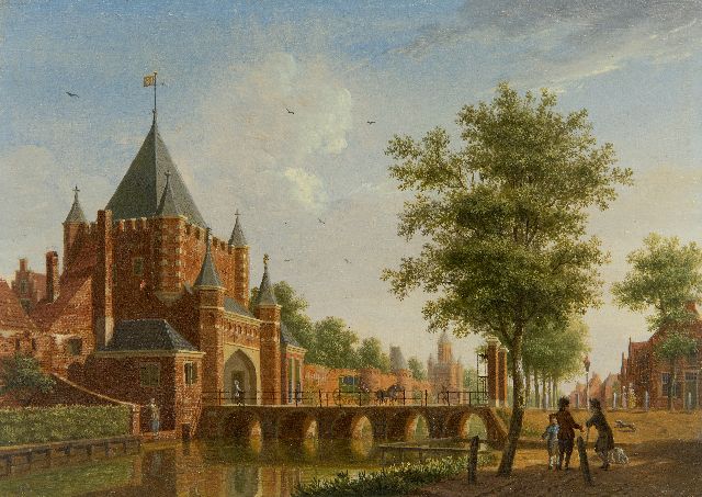 Ouwater I.  | Gezicht op de Grote Houtpoort in Haarlem (pendant, uitsluitend tezamen), olieverf op paneel 13,8 x 19,6 cm, gesigneerd r.o. met monogram en (prijs is per pendant, verkoop alleen tezamen)