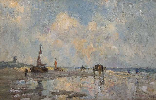 Evert Pieters | Strand bij Katwijk met bomschuiten en schelpenvissers, olieverf op doek, 85,5 x 130,2 cm, gesigneerd r.o. en gedateerd 1906