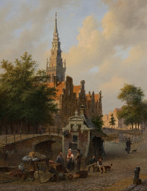 Hove B.J. van | Stadsgezicht met op de voorgrond een antiekhandelaar, olieverf op paneel 50,1 x 39,6 cm, gesigneerd l.o. en gedateerd 1844