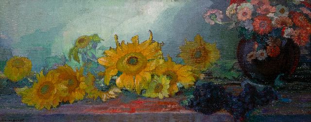 Jan van Delft | Stilleven met zonnebloemen, olieverf op doek, 48,4 x 115,6 cm, gesigneerd l.o.