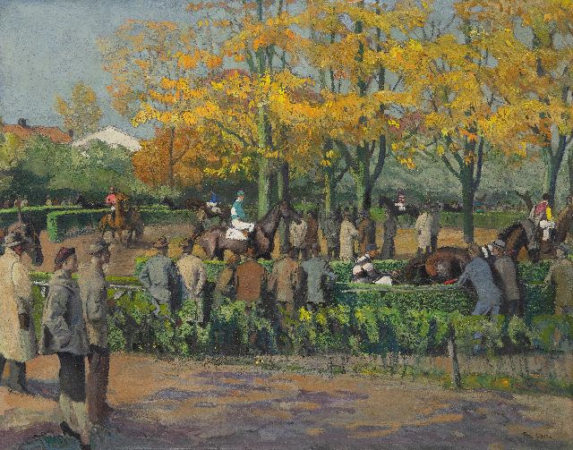 Pol Dom | Toeschouwers bij de paddock van de renbaan Duindigt in Wassenaar, olieverf op doek, 65,7 x 81,8 cm, gesigneerd r.o. en op spieraam
