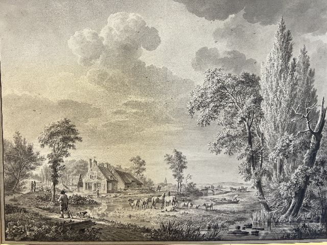 Johannes Hermanus Koekkoek | Rivierlandschap met figuren en vee bij een boerenhoeve, gewassen inkt op papier, 29,0 x 38,8 cm, gesigneerd l.o.