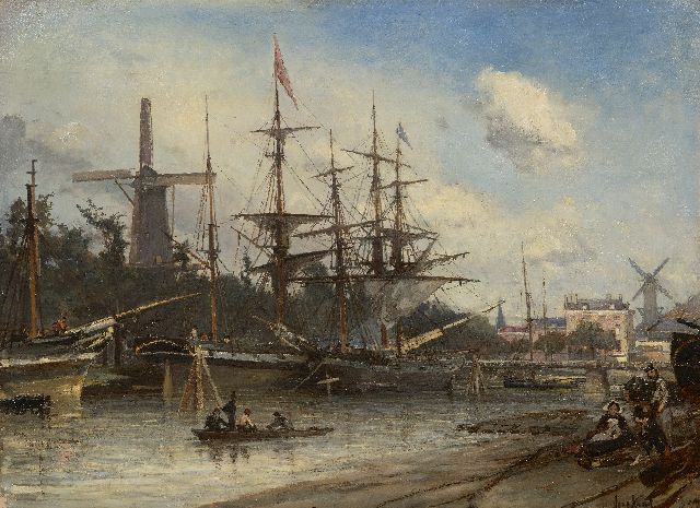Johan Barthold Jongkind | Afgemeerde schepen in de haven van Rotterdam, olieverf op doek, 42,0 x 56,1 cm, gesigneerd r.o. (dubbel) en gedateerd 1857