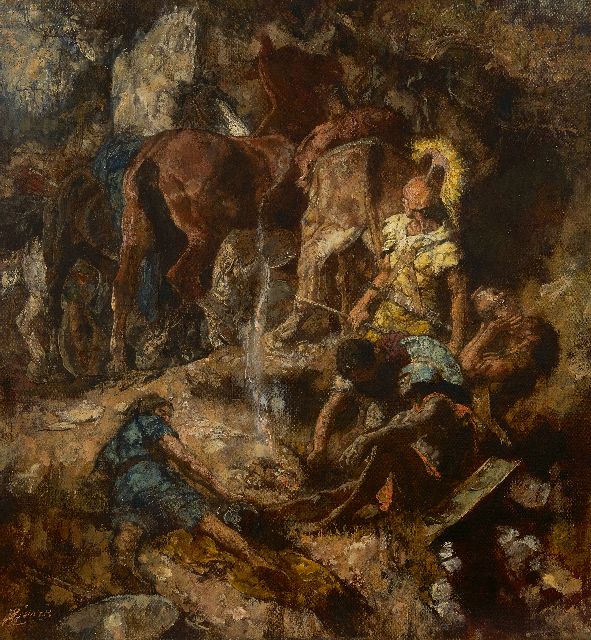 Johannes Hendricus Jurres | Romeinse soldaten en hun paarden bij een drinkplaats, olieverf op doek, 54,0 x 50,0 cm, gesigneerd l.o.