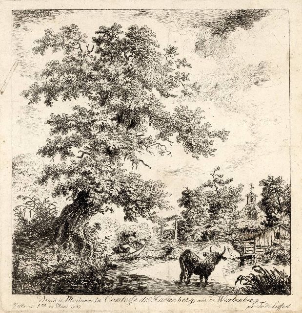 Ludwig von Laffert | Man haalt boot uit rivier en een koe kijkt toe, ets