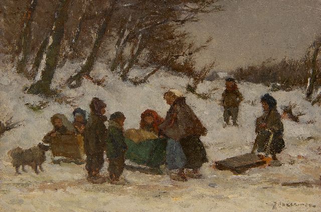 Johannes Evert Akkeringa | Winterse wandeling met het kindje in de slee, olieverf op paneel, 17,0 x 24,6 cm, gesigneerd r.o.