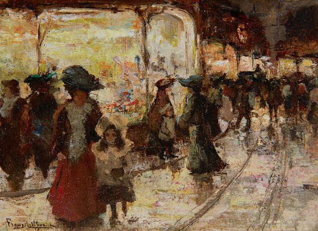 Frans Helfferrich | Winkelen bij avond, Den Haag, olieverf op paneel, 12,0 x 16,0 cm, gesigneerd l.o.