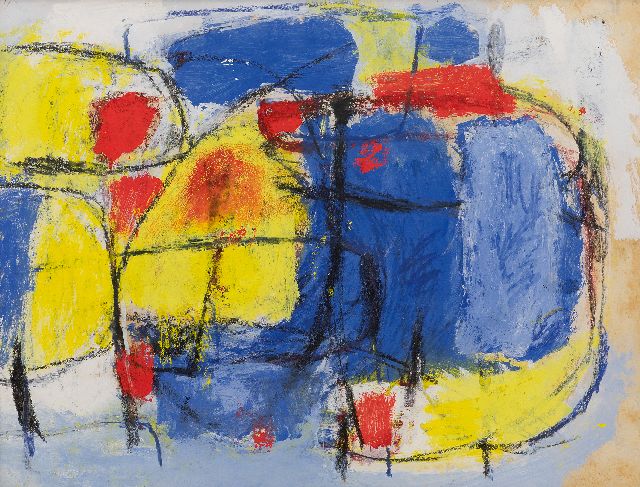 Jaap Nanninga | Compositie in blauw, geel, rood; verso: Compositie, krijt en gouache op papier, 40,9 x 54,0 cm, gesigneerd verso en te dateren ca. 1958