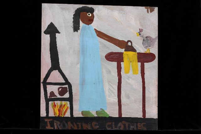 Tim Brown | Ironing clothes, acryl op paneel, 42,9 x 40,3 cm, gesigneerd r.b. met initialen en ca 1995