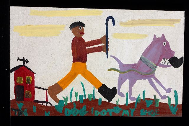 Tim Brown | Dog got my shoe, acryl op paneel, 32,0 x 52,0 cm, gesigneerd l.o. met initialen en ca 1995