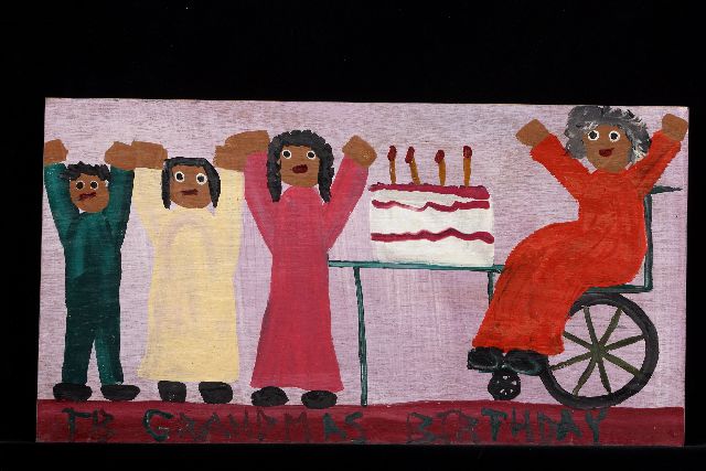 Tim Brown | Grandmas birthday, acryl op paneel, 28,3 x 53,1 cm, gesigneerd l.o. met initialen