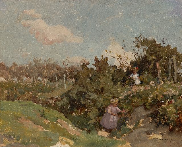 Johannes Evert Akkeringa | Bloemen plukkken in de duinen, olieverf op paneel, 32,3 x 40,0 cm, gesigneerd r.o.