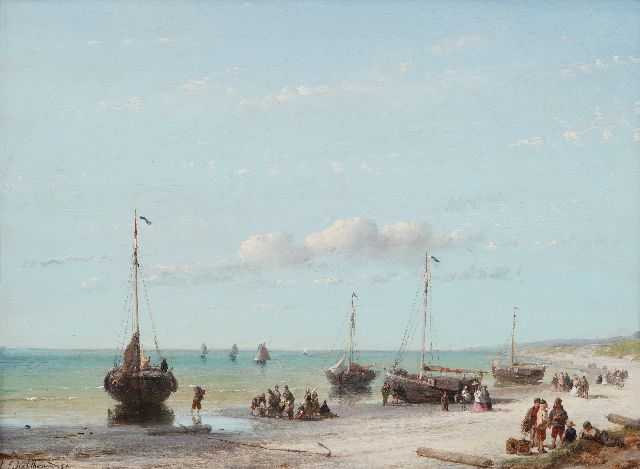 Andreas Schelfhout | Strandgezicht met schepen, vissers en elegante wandelaars, olieverf op paneel, 32,1 x 43,0 cm, gesigneerd l.o. en gedateerd '59