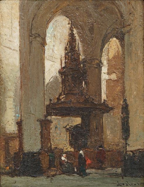 Johannes Bosboom | Interieur van de Nieuwe Kerk in Amsterdam, olieverf op paneel, 13,8 x 11,0 cm, gesigneerd r.o.