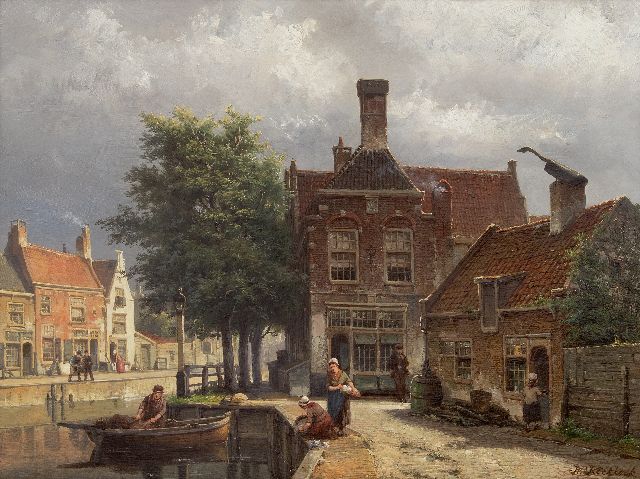 Willem Koekkoek | Grachtje in Haarlem, olieverf op paneel, 41,7 x 56,2 cm, gesigneerd r.o. en verso gedateerd 1877 GERESERVEERD