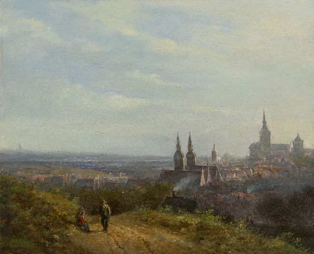 Anthony Biester | Panoramisch gezicht op Kleef met in de verte de ateliertoren van B.C.Koekkoek met het beeld Pallas Athene, olieverf op doek, 25,9 x 31,9 cm